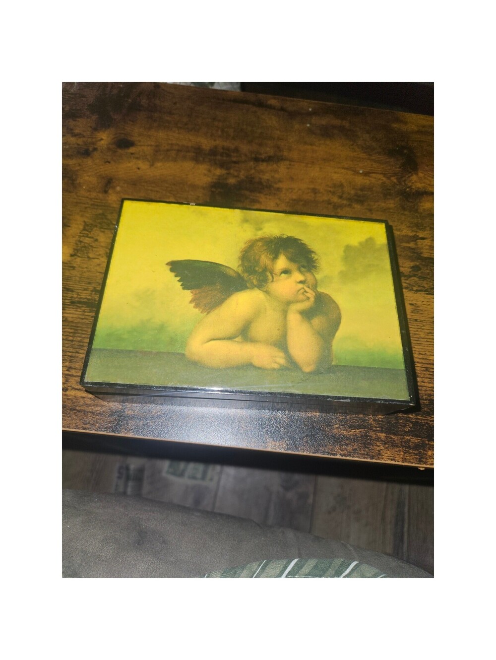 Vintage Cherub Angel Wooden Trinket Box Renaissance Raphael Art Keepsake Black